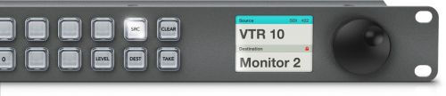 Videohub Master Control позволяет искать источники и назначения с помощью вращающейся ручки или назначать их  нажатием кнопок.